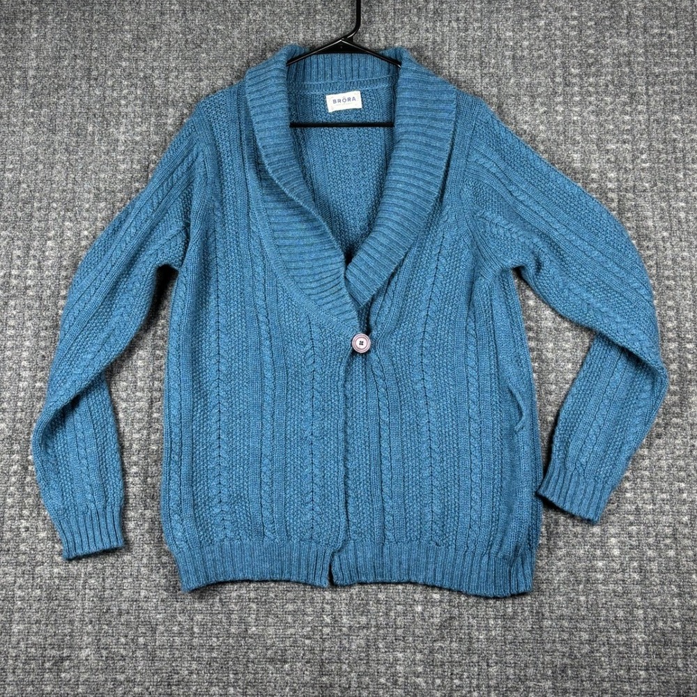 Brora Shawl Collar Cable Knit Pure Cashmere Cardigan 14/16 Blue
